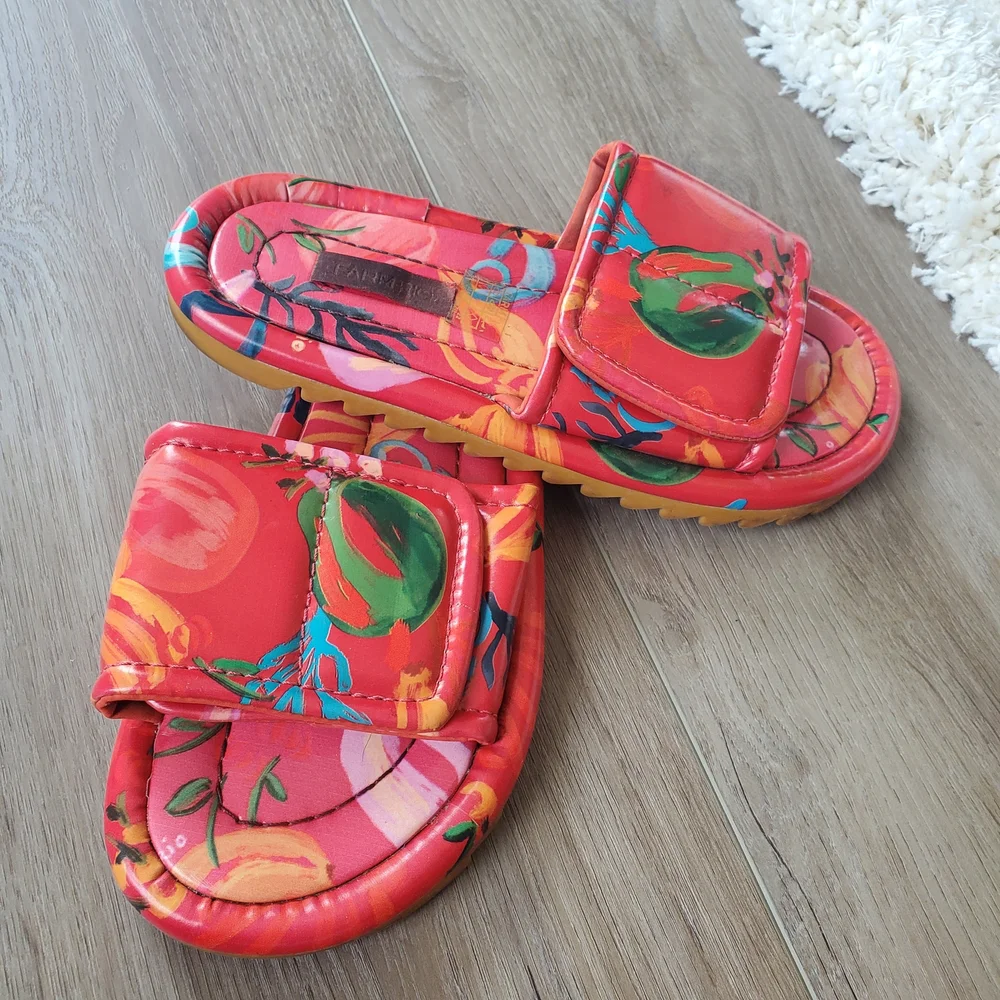 FARM Rio Red Floral Slide Sandals with Green Accents